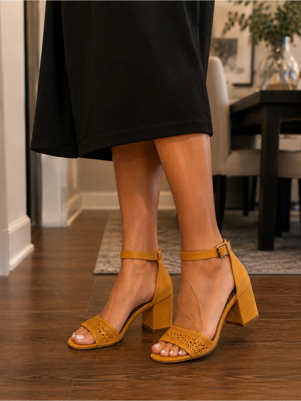 Laser cut Block Heel Sandals- 6.5, mustard yellow